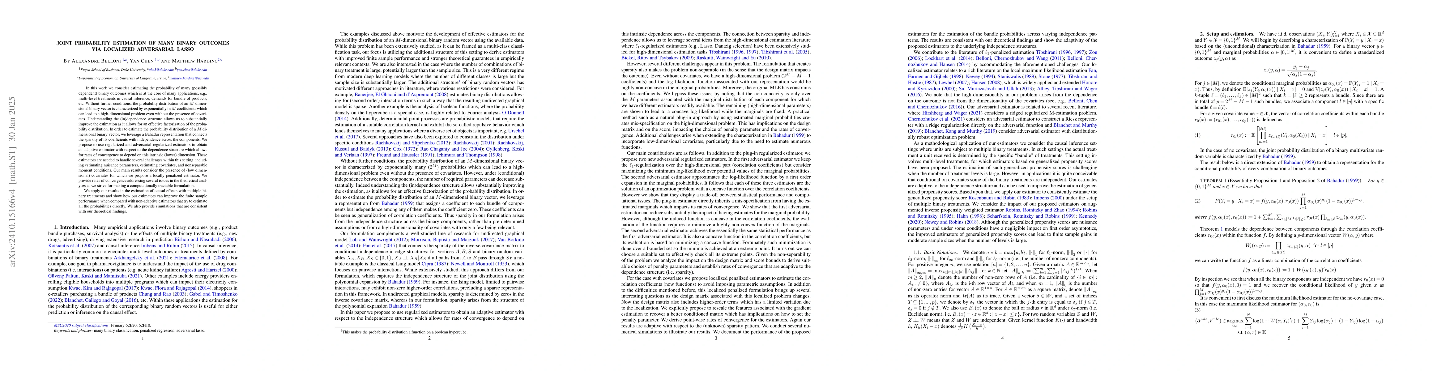 Thumbnail for Joint Probability Estimation of Many Binary Outcomes via Localized
  Adversarial Lasso