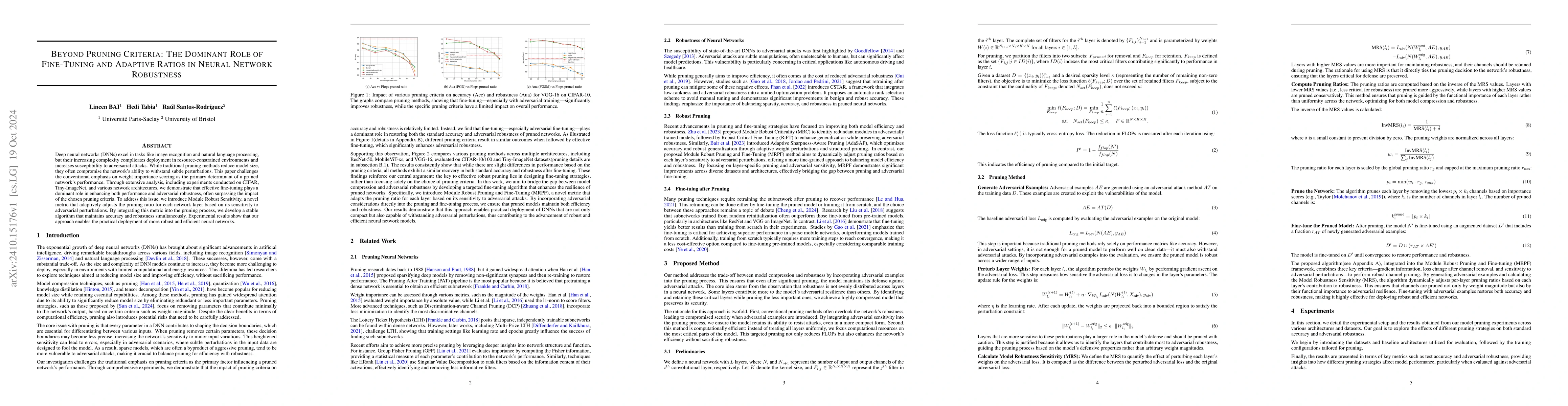 Thumbnail for Beyond Pruning Criteria: The Dominant Role of Fine-Tuning and Adaptive
  Ratios in Neural Network Robustness