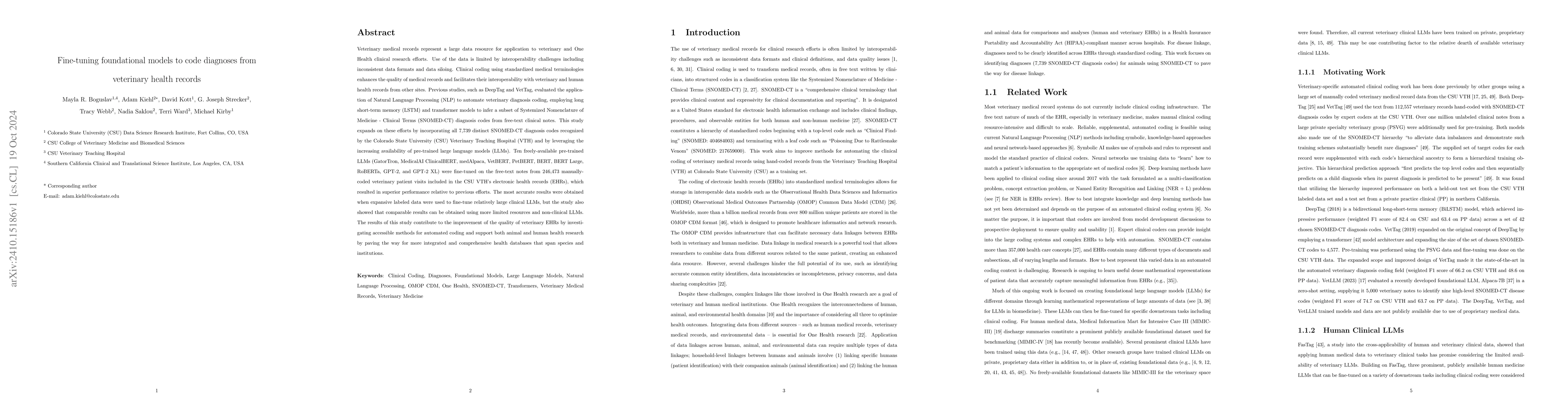 Thumbnail for Fine-tuning foundational models to code diagnoses from veterinary health
  records