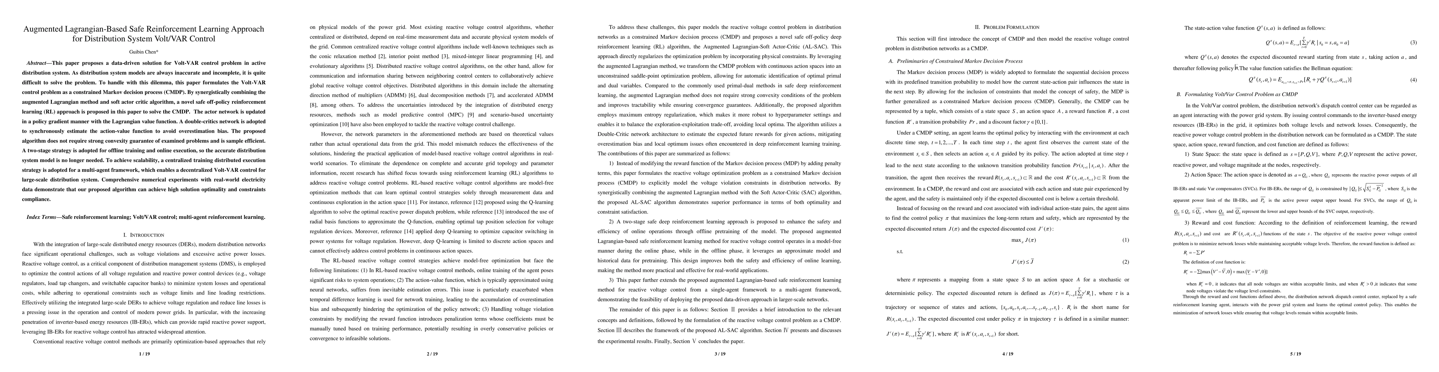 Thumbnail for Augmented Lagrangian-Based Safe Reinforcement Learning Approach for
  Distribution System Volt/VAR Control