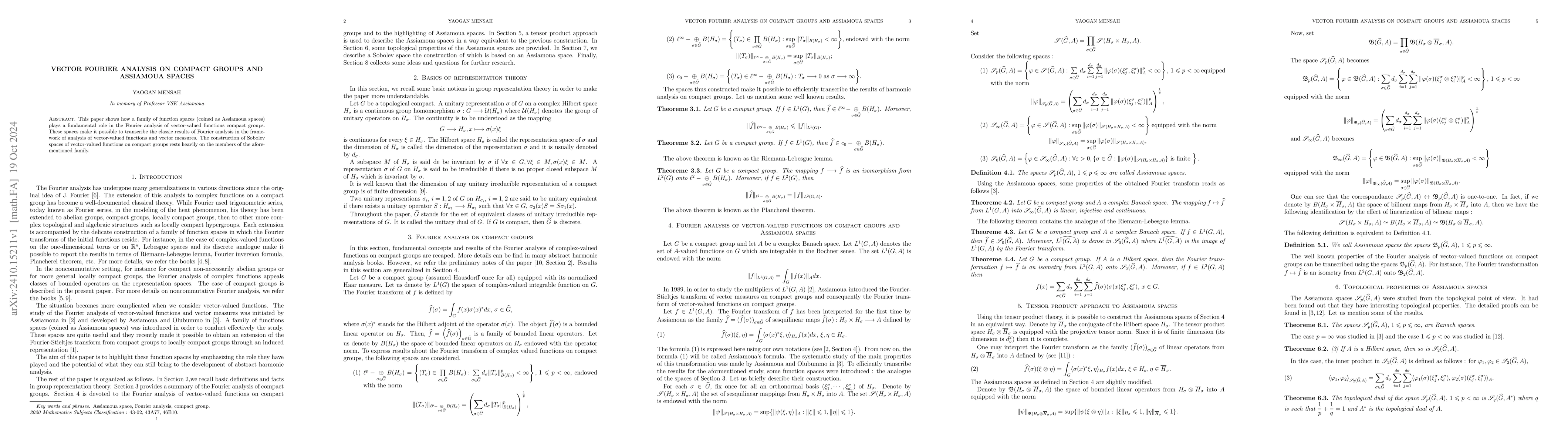Thumbnail for Vector Fourier analysis on compact groups and Assiamoua spaces