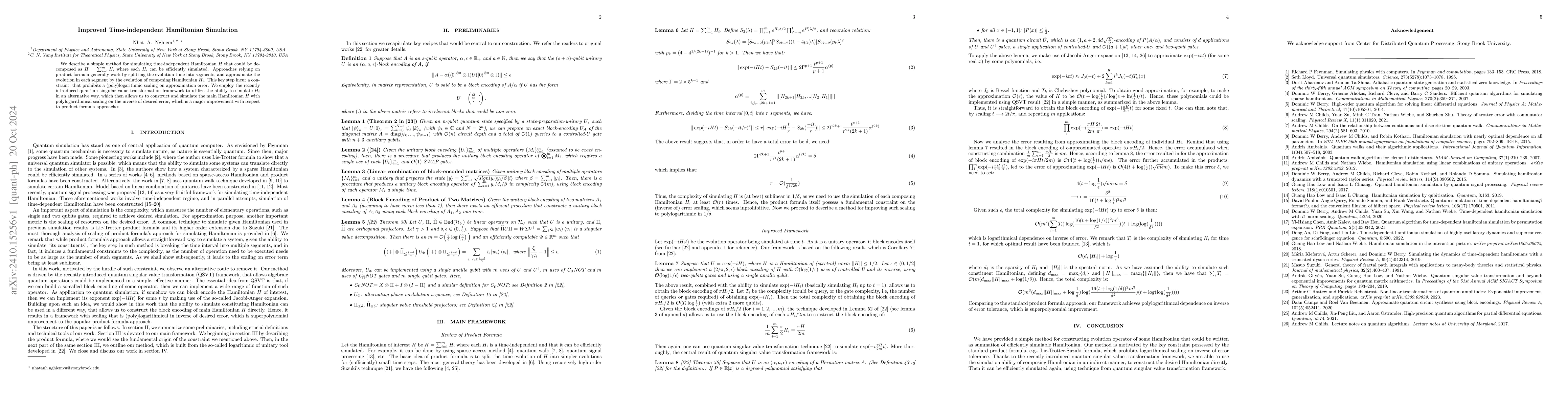 Thumbnail for Improved Time-independent Hamiltonian Simulation