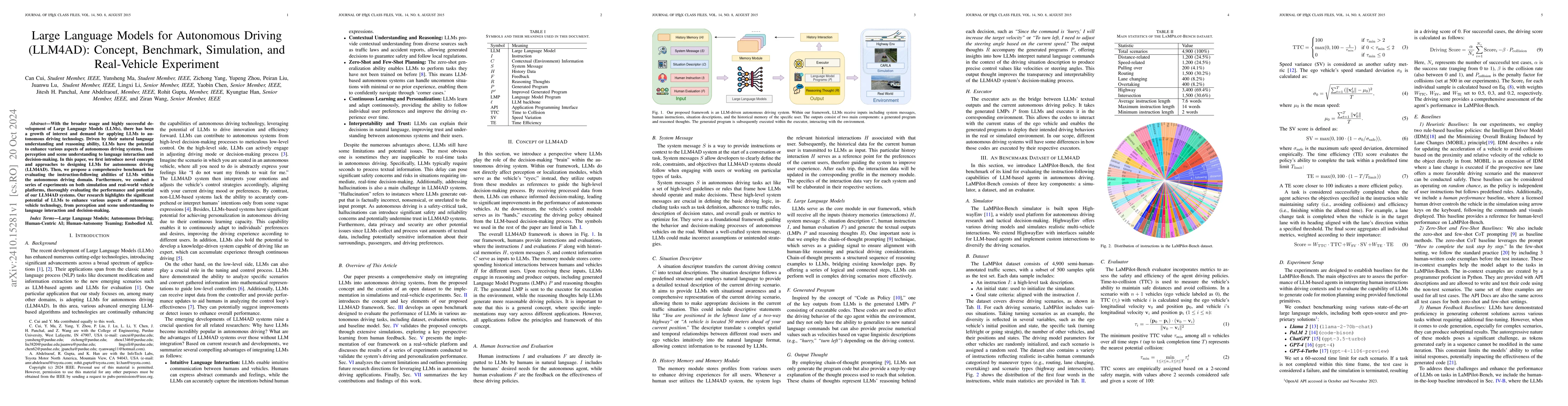 Thumbnail for Large Language Models for Autonomous Driving (LLM4AD): Concept,
  Benchmark, Simulation, and Real-Vehicle Experiment