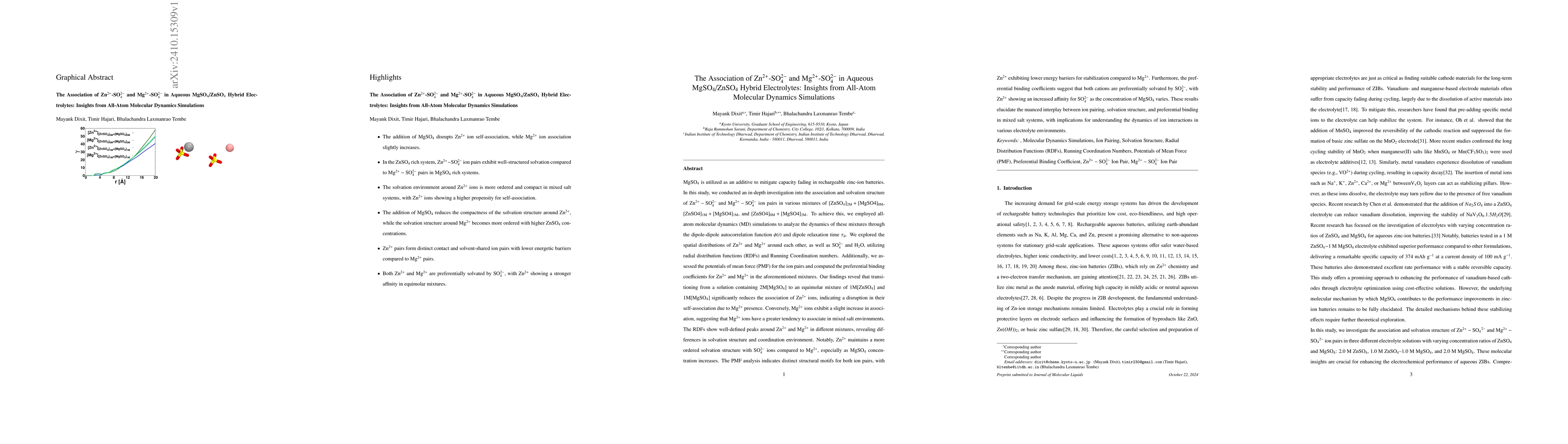 Thumbnail for The Association of Zn$^{2+}$-SO$_4^{2-}$ and Mg$^{2+}$-SO$_4^{2-}$ in
  Aqueous MgSO$_4$/ZnSO$_4$ Hybrid Electrolytes: Insights from All-Atom
  Molecular Dynamics Simulations Molecular Dynamics Simulations