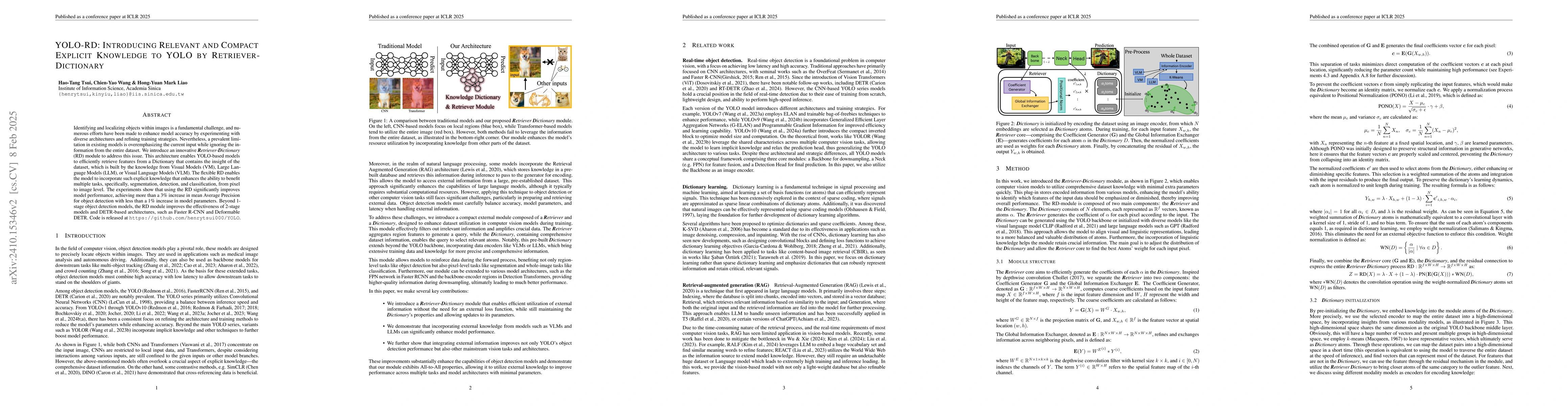 Thumbnail for YOLO-RD: Introducing Relevant and Compact Explicit Knowledge to YOLO by
  Retriever-Dictionary