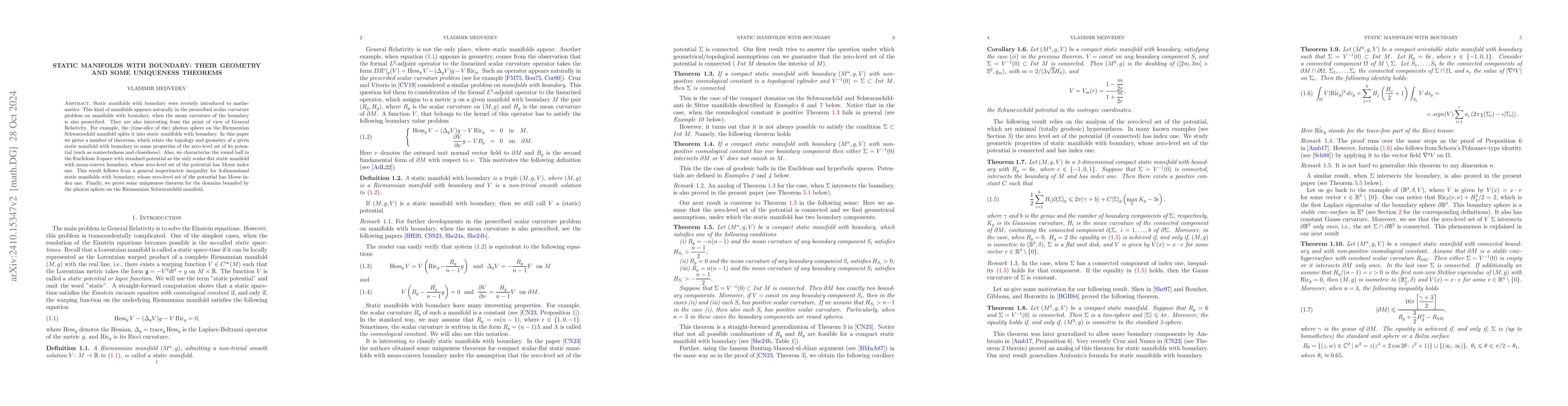 Thumbnail for Static manifolds with boundary: Their geometry and some uniqueness
  theorems