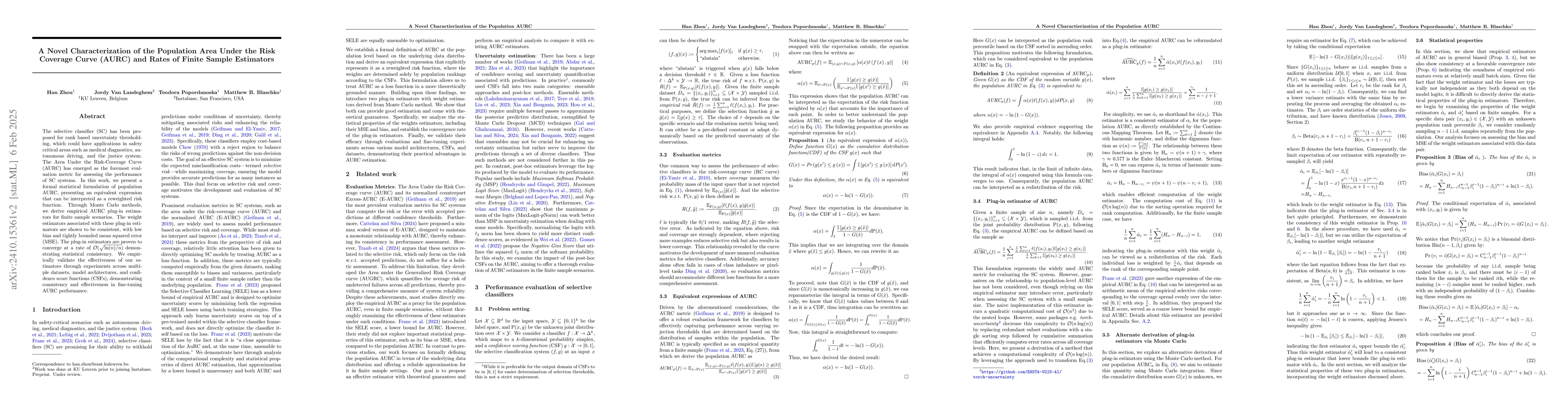 Thumbnail for A Novel Characterization of the Population Area Under the Risk Coverage
  Curve (AURC) and Rates of Finite Sample Estimators