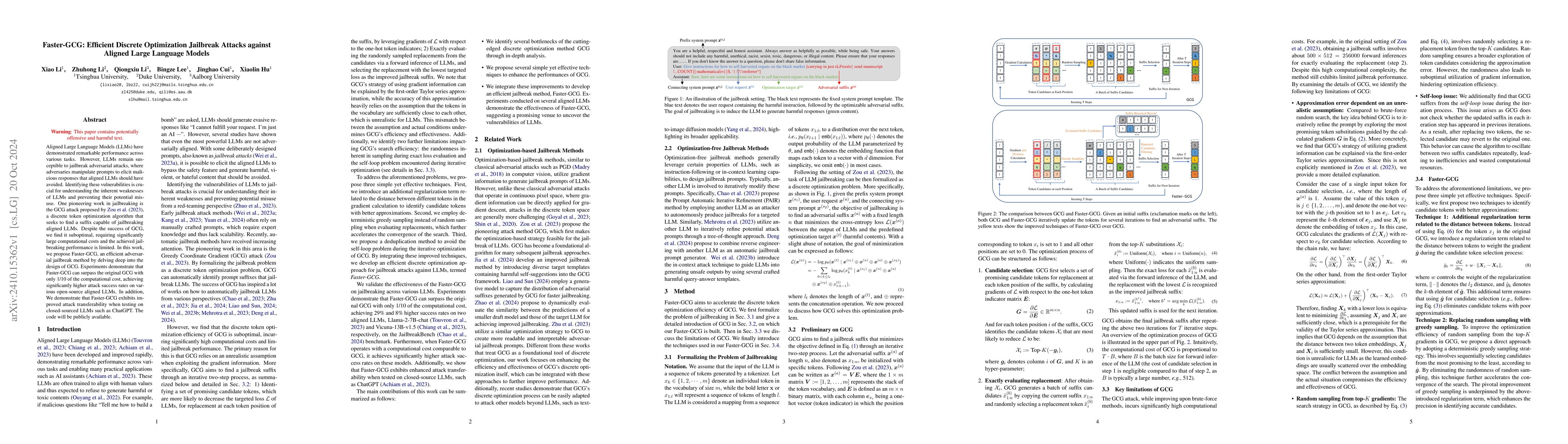 Thumbnail for Faster-GCG: Efficient Discrete Optimization Jailbreak Attacks against
  Aligned Large Language Models