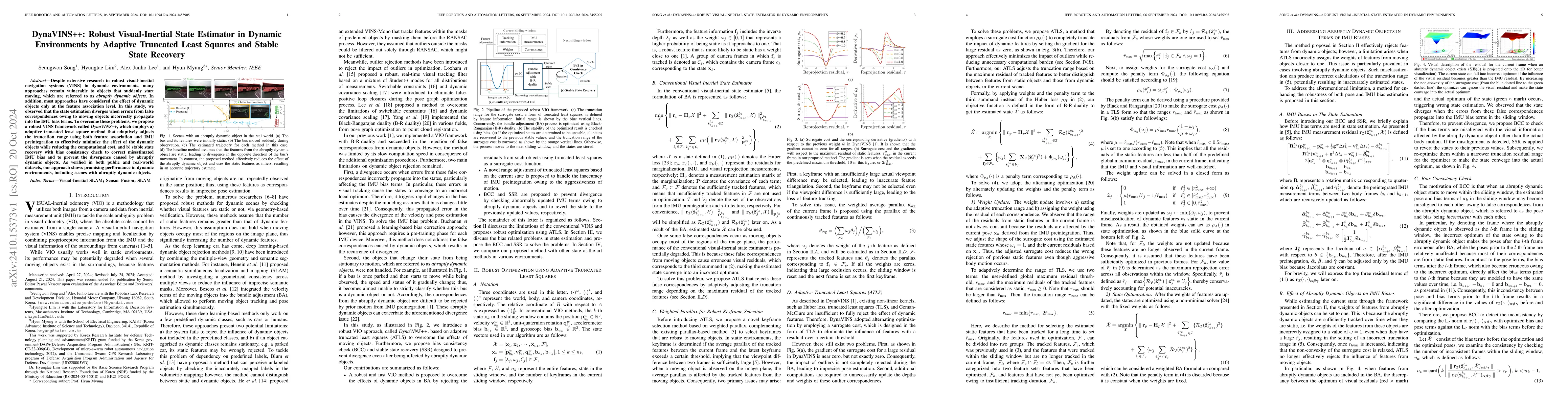 Thumbnail for DynaVINS++: Robust Visual-Inertial State Estimator in Dynamic
  Environments by Adaptive Truncated Least Squares and Stable State Recovery