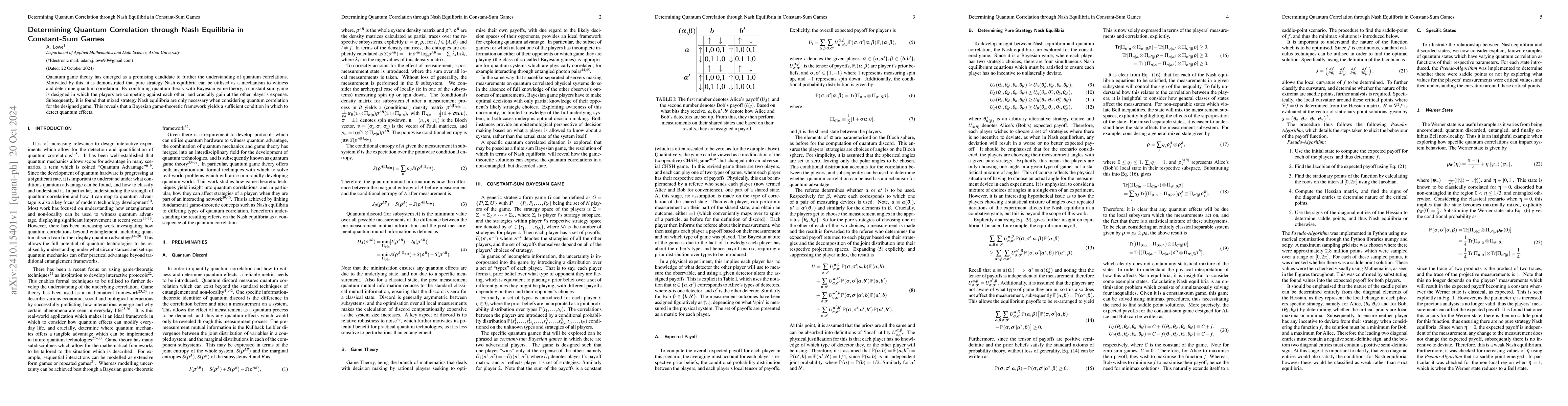 Thumbnail for Determining Quantum Correlation through Nash Equilibria in Constant-Sum
  Games
