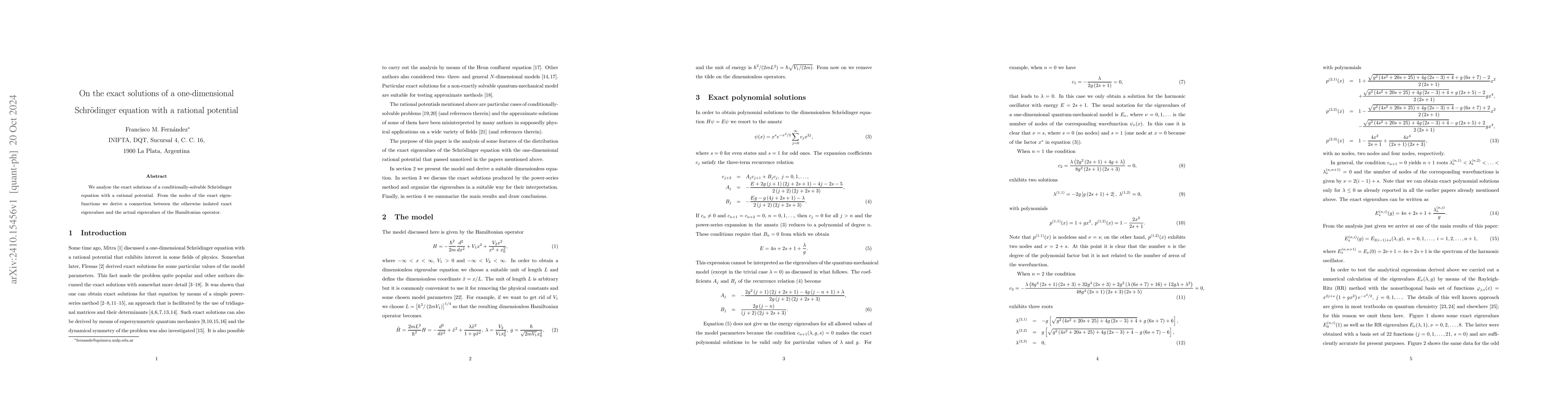 Thumbnail for On the exact solutions of a one-dimensional Schrödinger equation with
  a rational potential