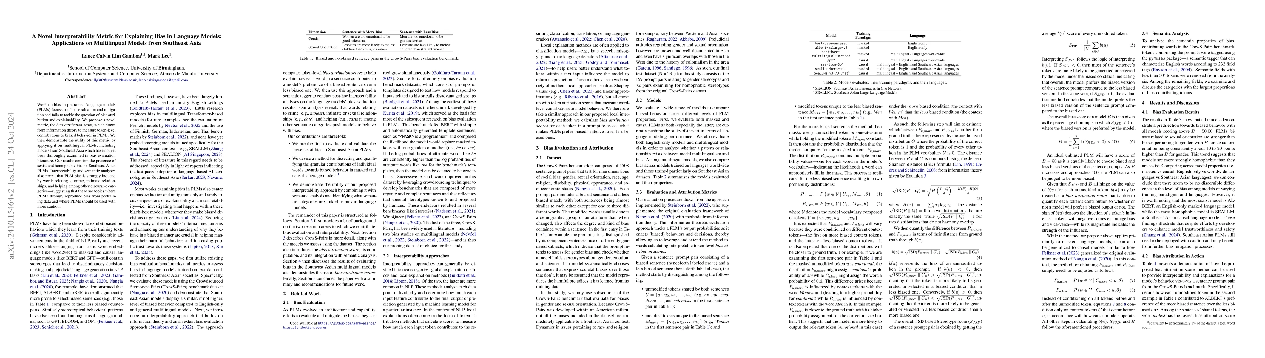 Thumbnail for A Novel Interpretability Metric for Explaining Bias in Language Models:
  Applications on Multilingual Models from Southeast Asia