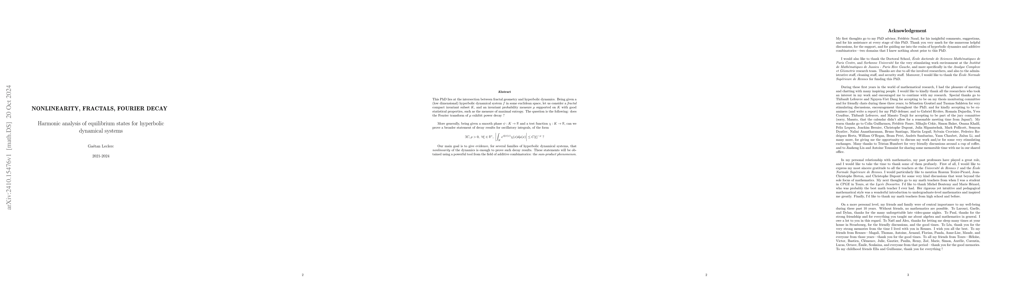 Thumbnail for Nonlinearity, Fractals, Fourier decay -- Harmonic analysis of
  equilibrium states for hyperbolic dynamical systems