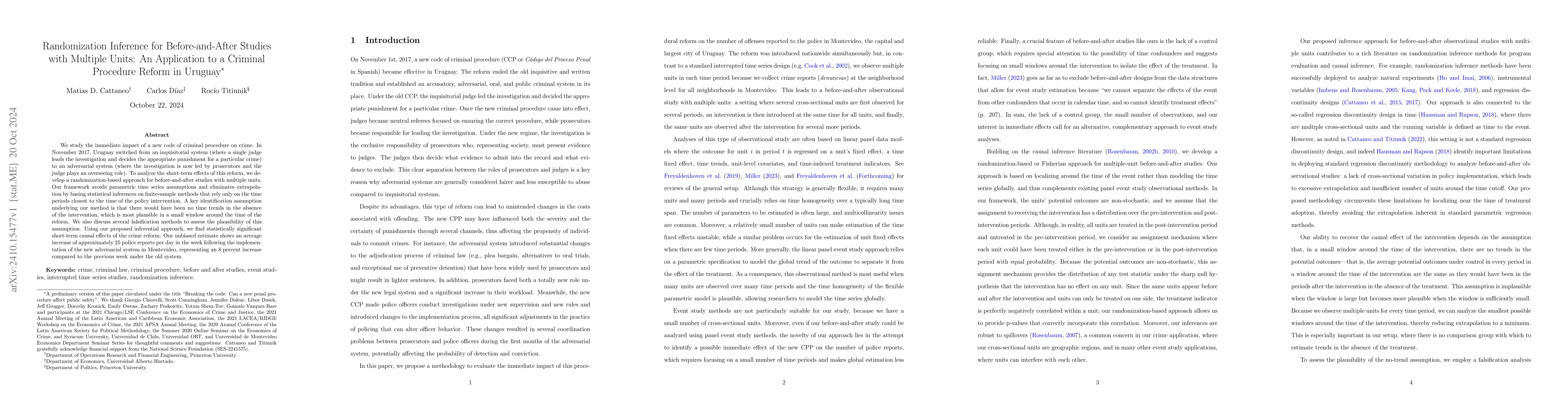 Thumbnail for Randomization Inference for Before-and-After Studies with Multiple
  Units: An Application to a Criminal Procedure Reform in Uruguay