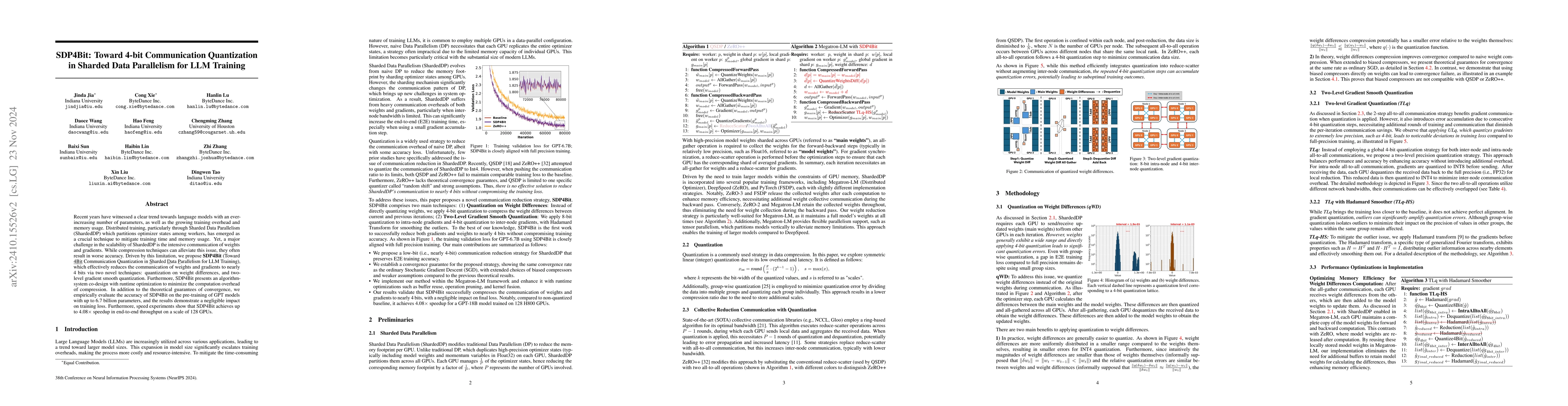 Thumbnail for SDP4Bit: Toward 4-bit Communication Quantization in Sharded Data
  Parallelism for LLM Training