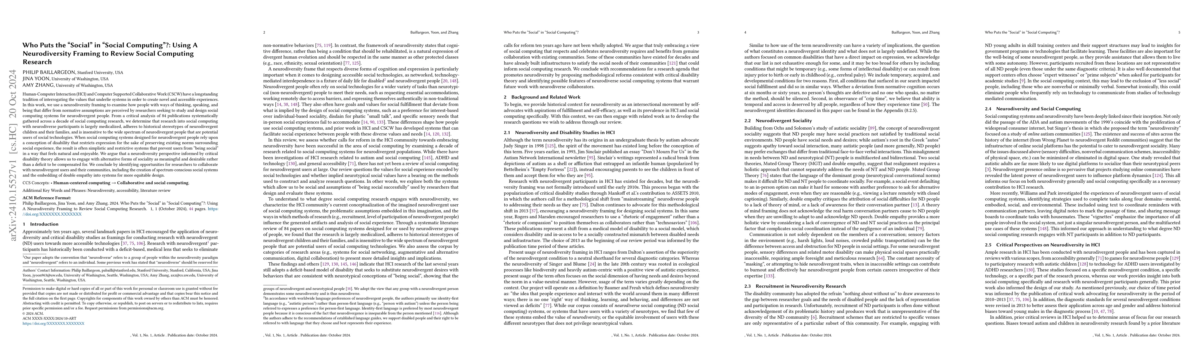 Thumbnail for Who Puts the "Social" in "Social Computing"?: Using A Neurodiversity
  Framing to Review Social Computing Research