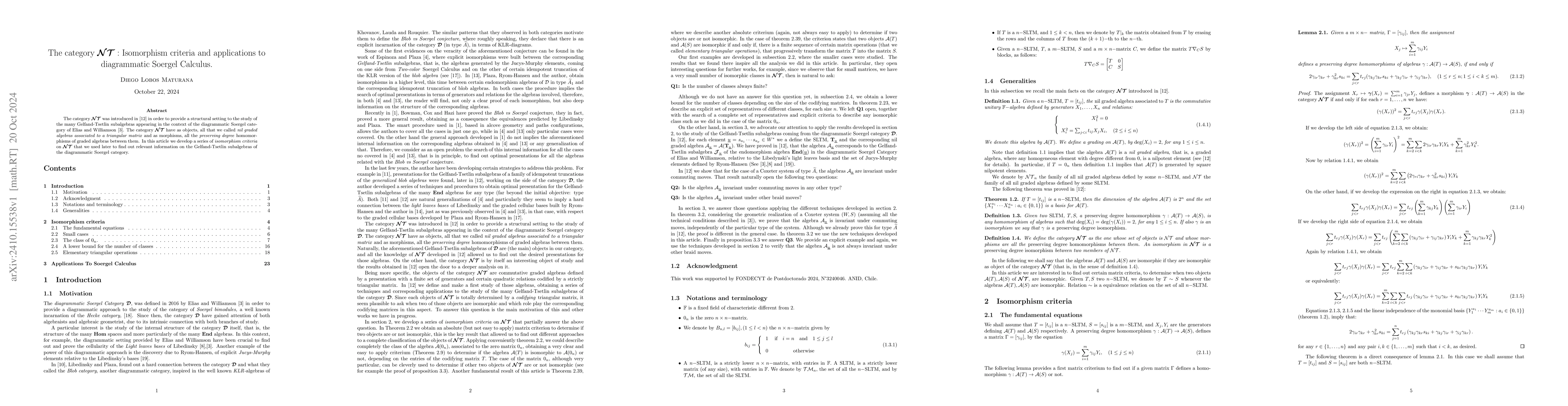Thumbnail for The category $\bcalNT:$ Isomorphism criteria and applications to
  diagrammatic Soergel Calculus