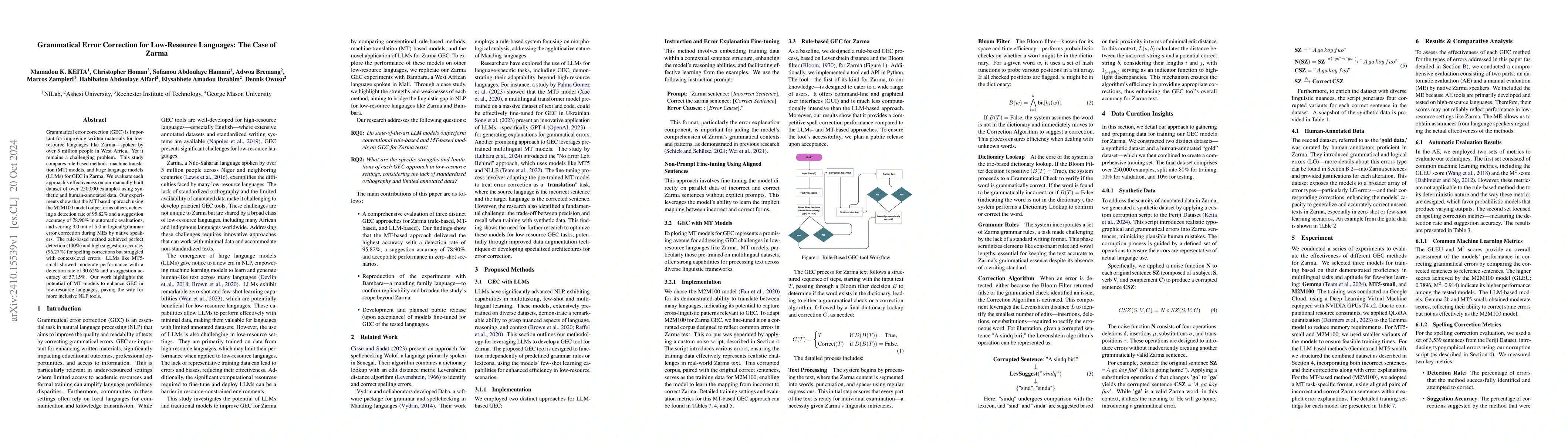 Thumbnail for Grammatical Error Correction for Low-Resource Languages: The Case of
  Zarma