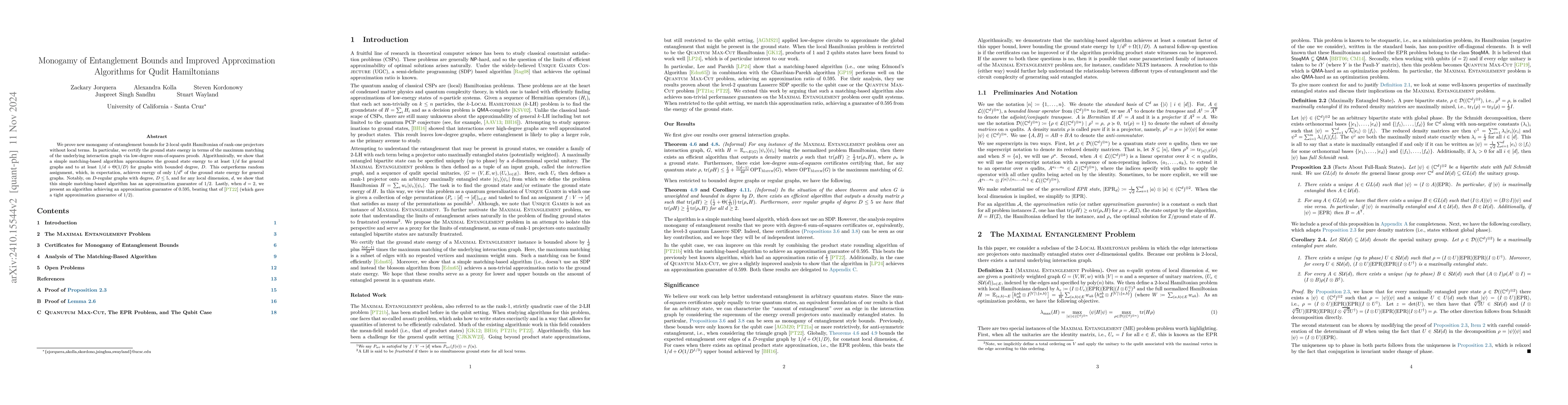 Thumbnail for Monogamy of Entanglement Bounds and Improved Approximation Algorithms
  for Qudit Hamiltonians
