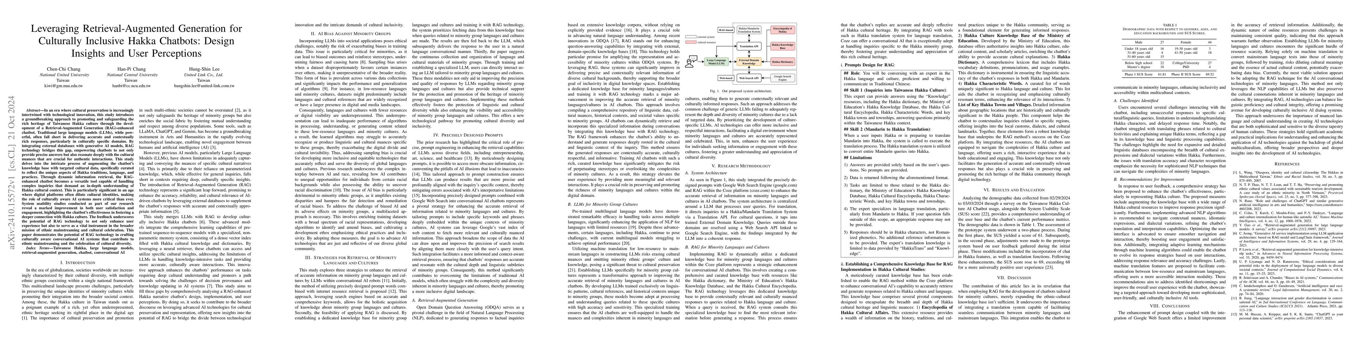 Thumbnail for Leveraging Retrieval-Augmented Generation for Culturally Inclusive Hakka
  Chatbots: Design Insights and User Perceptions