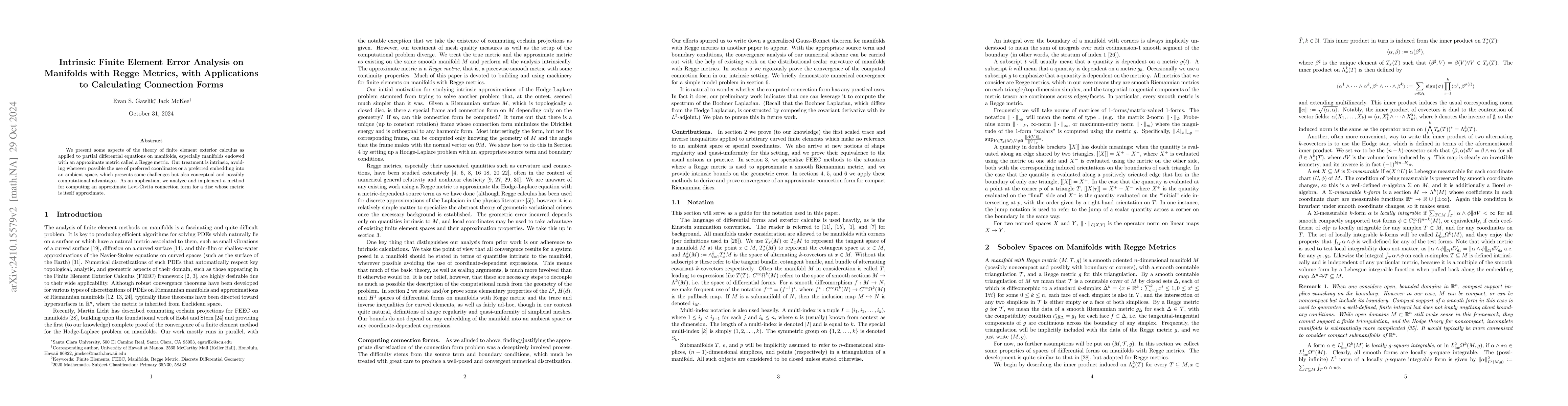 Thumbnail for Intrinsic Finite Element Error Analysis on Manifolds with Regge Metrics,
  with Applications to Calculating Connection Forms