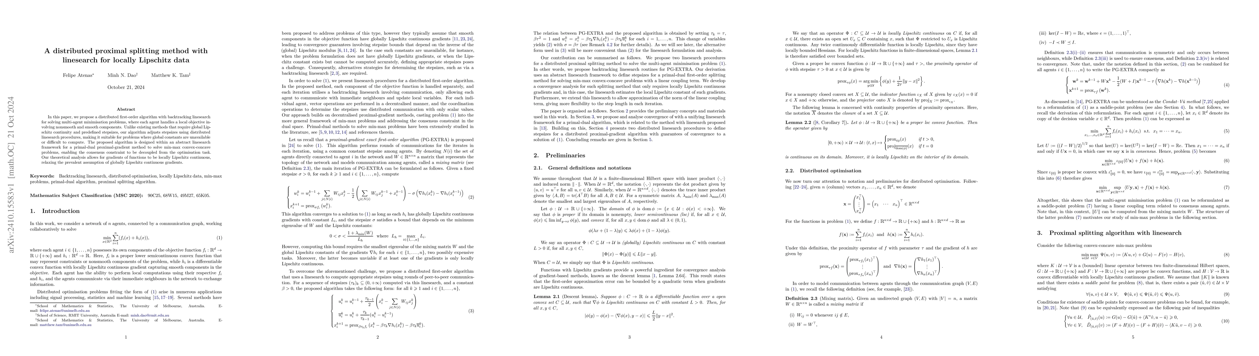 Thumbnail for A distributed proximal splitting method with linesearch for locally
  Lipschitz data