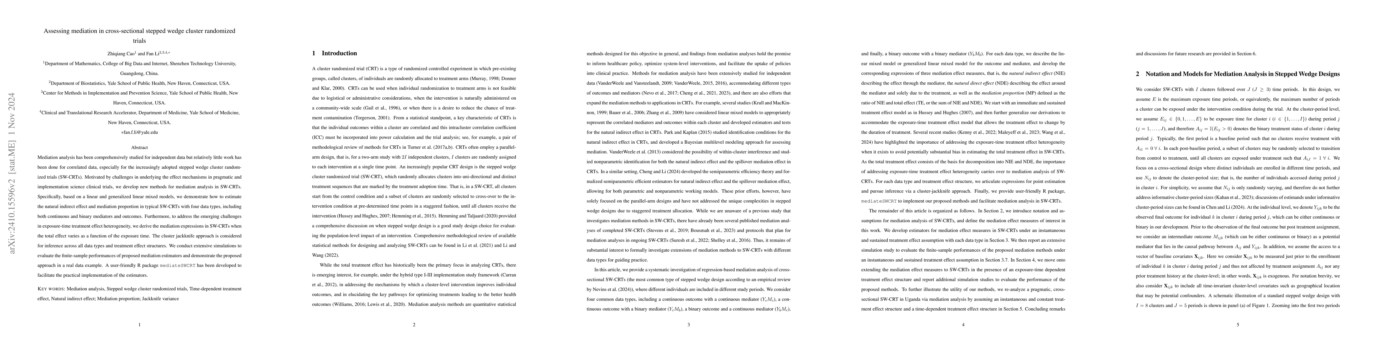 Thumbnail for Assessing mediation in cross-sectional stepped wedge cluster randomized
  trials