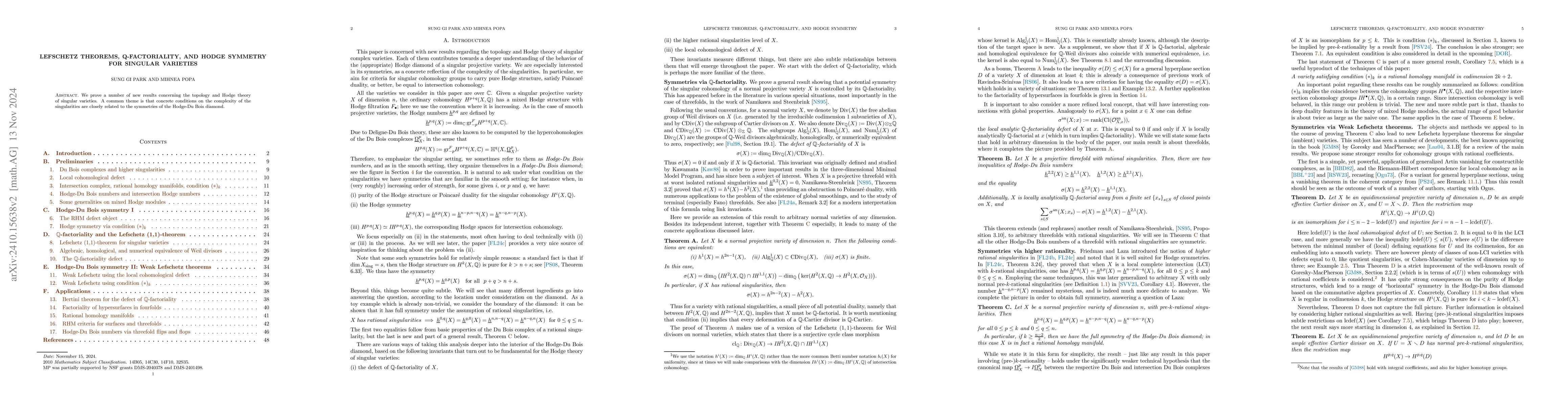 Thumbnail for Lefschetz theorems, Q-factoriality, and Hodge symmetry for singular
  varieties