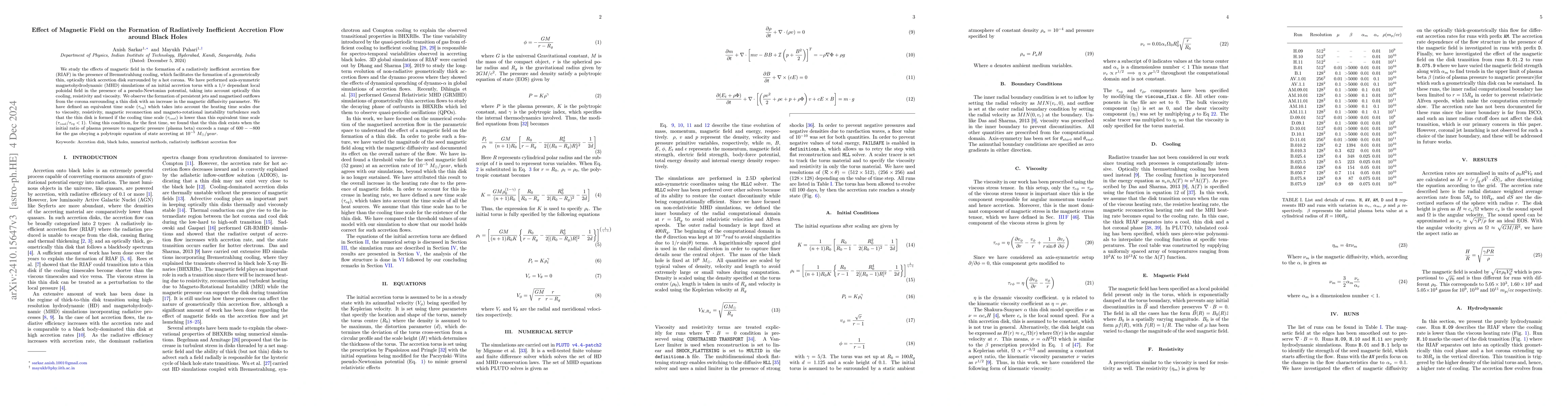 Thumbnail for Effect of Magnetic Field on the Formation of Radiatively Inefficient
  Accretion Flow around Black Holes