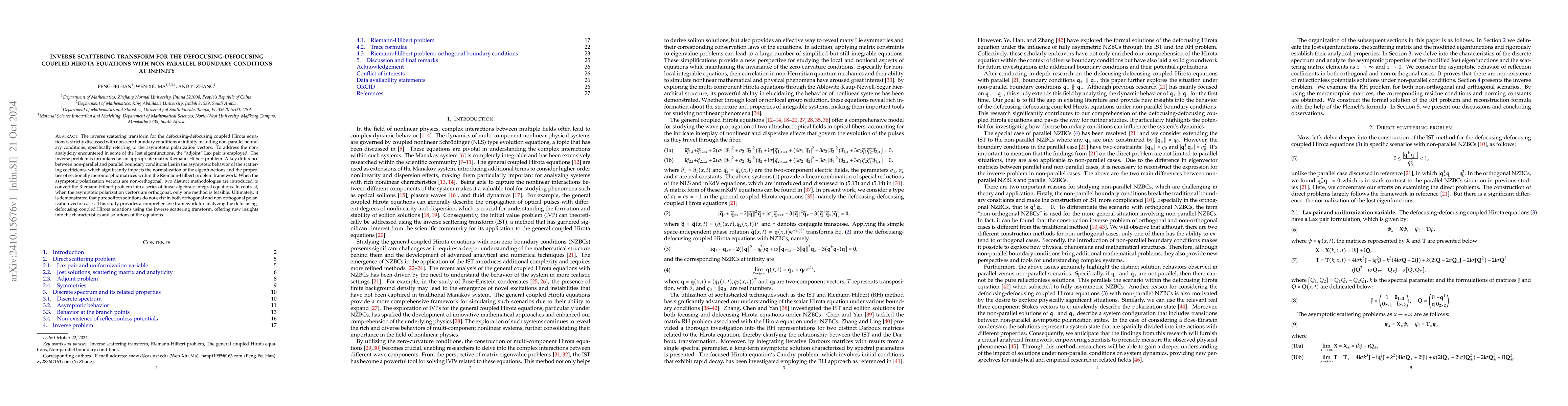 Thumbnail for Inverse scattering transform for the defocusing-defocusing coupled
  Hirota equations with non-parallel boundary conditions at infinity