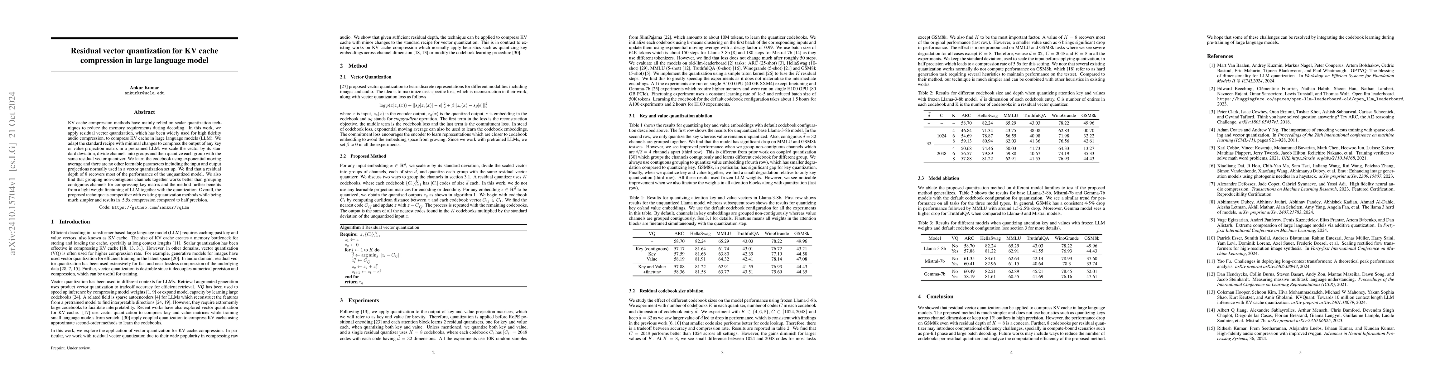Thumbnail for Residual vector quantization for KV cache compression in large language
  model