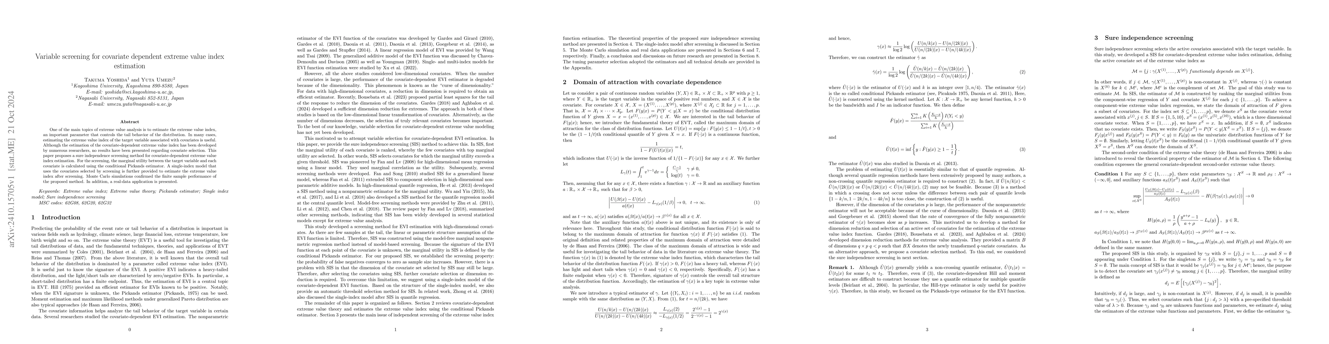 Thumbnail for Variable screening for covariate dependent extreme value index
  estimation