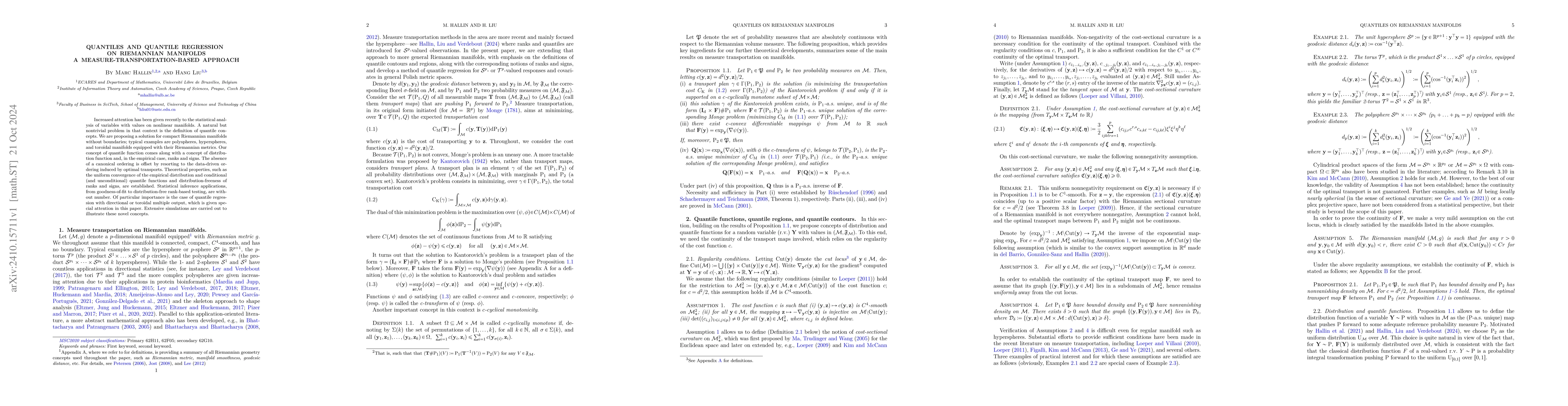 Thumbnail for Quantiles and Quantile Regression on Riemannian Manifolds: a
  measure-transportation-based approach