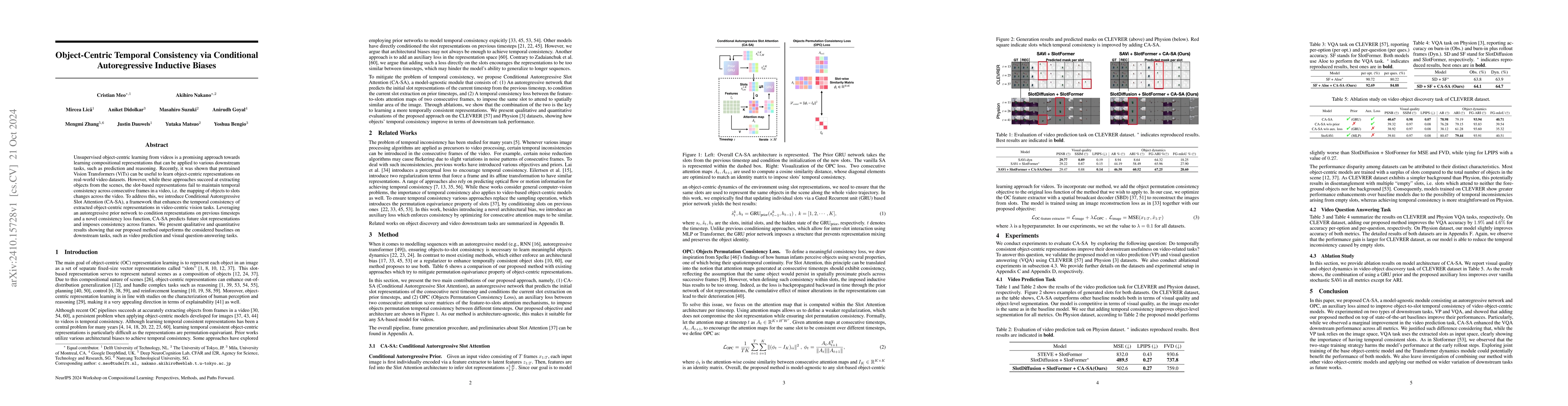 Thumbnail for Object-Centric Temporal Consistency via Conditional Autoregressive
  Inductive Biases