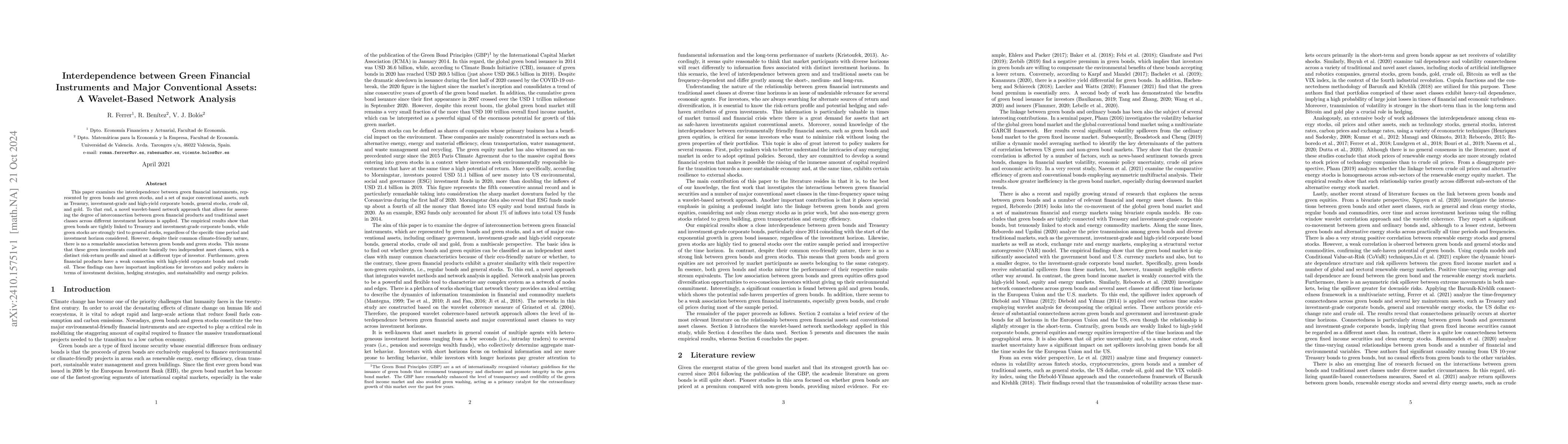 Thumbnail for Interdependence between Green Financial Instruments and Major
  Conventional Assets: A Wavelet-Based Network Analysis