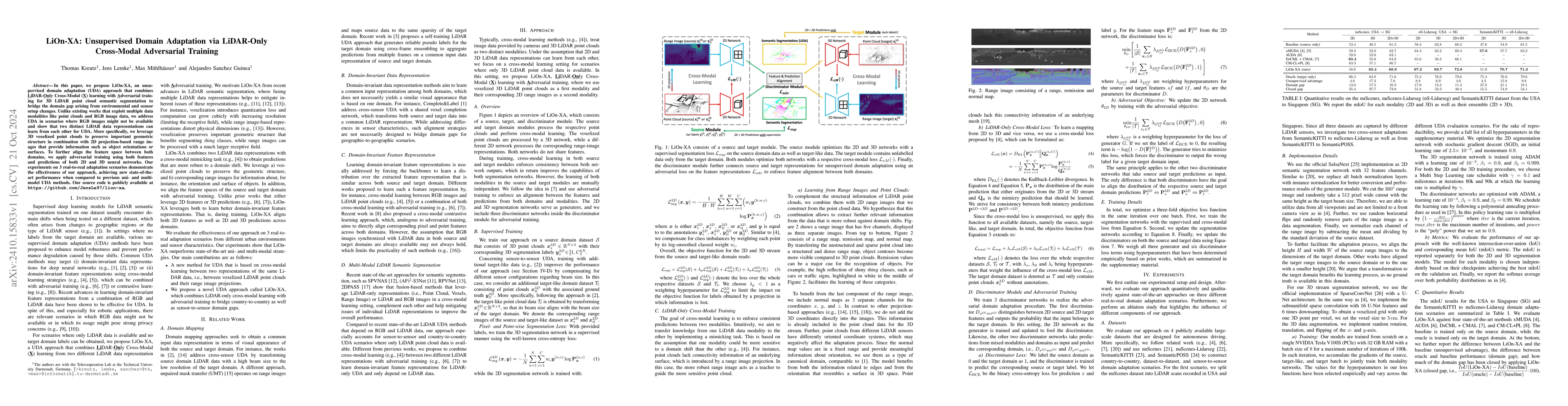Thumbnail for LiOn-XA: Unsupervised Domain Adaptation via LiDAR-Only Cross-Modal
  Adversarial Training