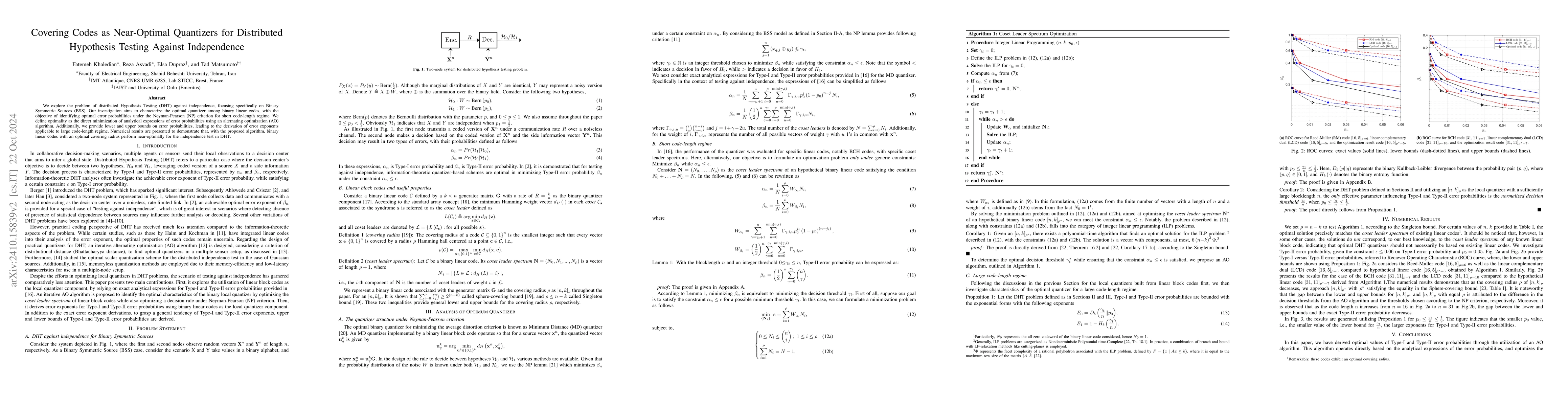 Thumbnail for Covering Codes as Near-Optimal Quantizers for Distributed Testing
  Against Independence