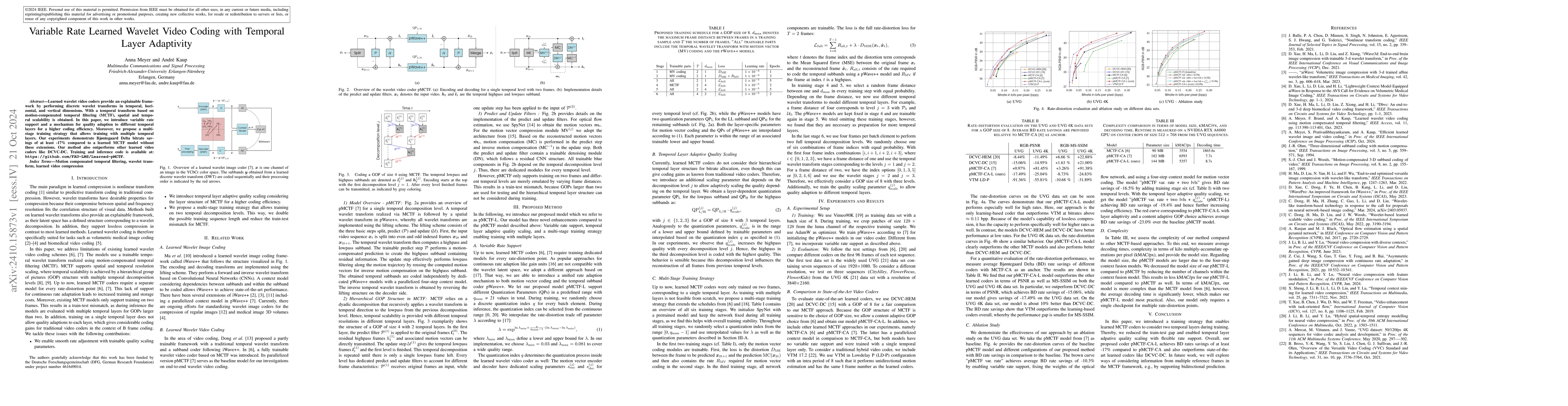Thumbnail for Variable Rate Learned Wavelet Video Coding with Temporal Layer
  Adaptivity