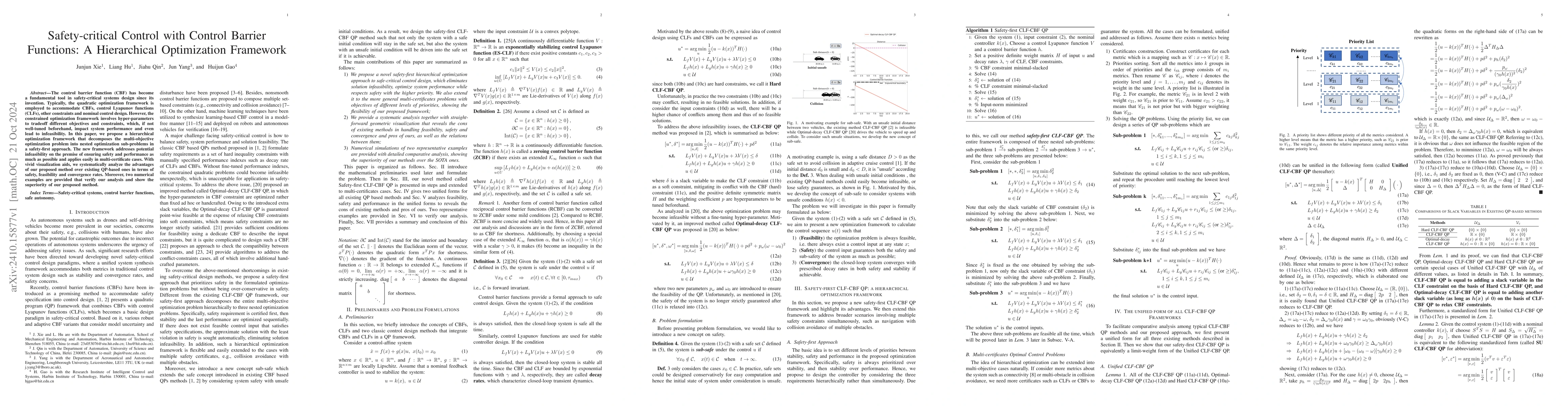 Thumbnail for Safety-critical Control with Control Barrier Functions: A Hierarchical
  Optimization Framework
