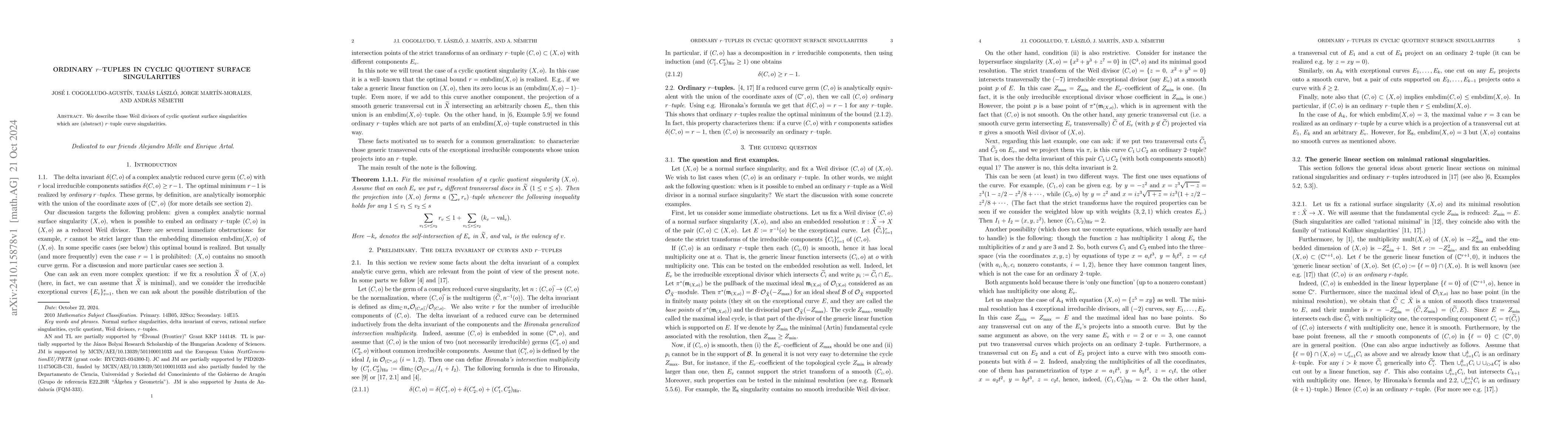 Thumbnail for Ordinary $r$--tuples in cyclic quotient surface singularities