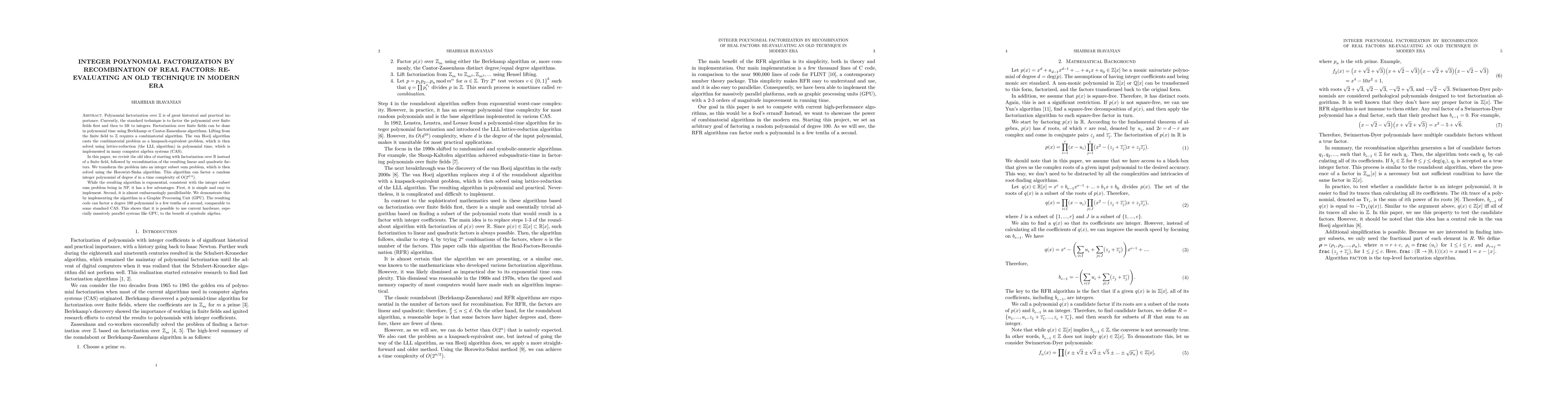Thumbnail for Integer Polynomial Factorization by Recombination of Real Factors:
  Re-evaluating an Old Technique in Modern Era