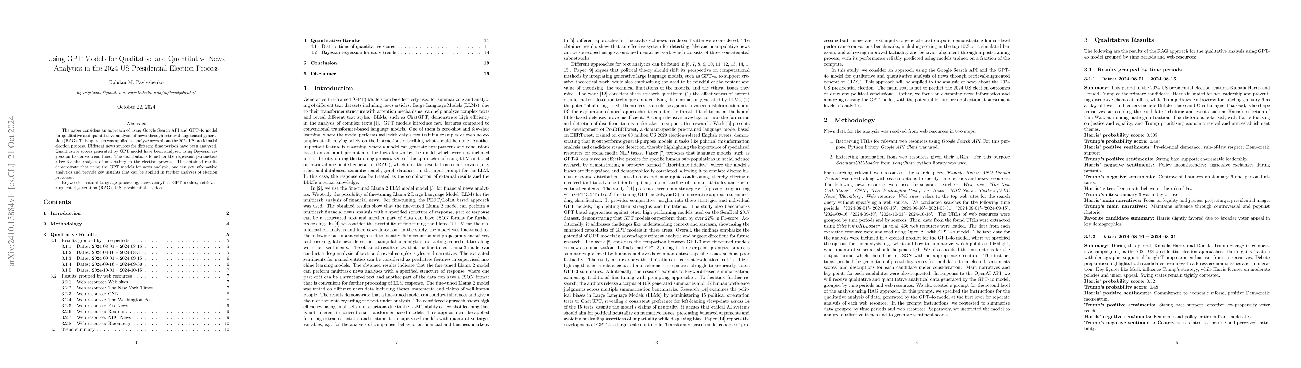 Thumbnail for Using GPT Models for Qualitative and Quantitative News Analytics in the
  2024 US Presidental Election Process
