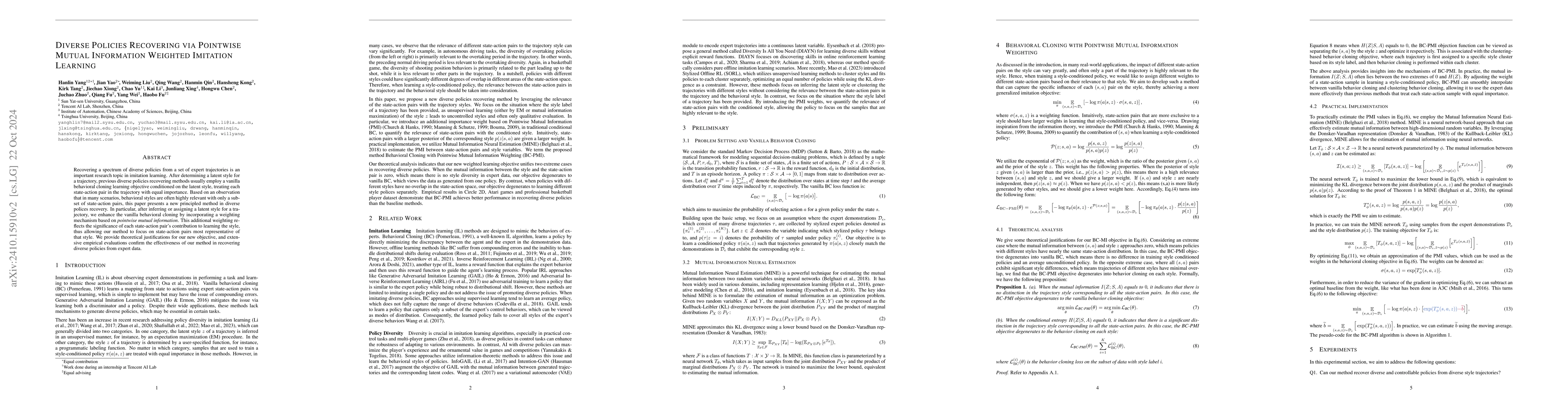 Thumbnail for Diverse Policies Recovering via Pointwise Mutual Information Weighted
  Imitation Learning