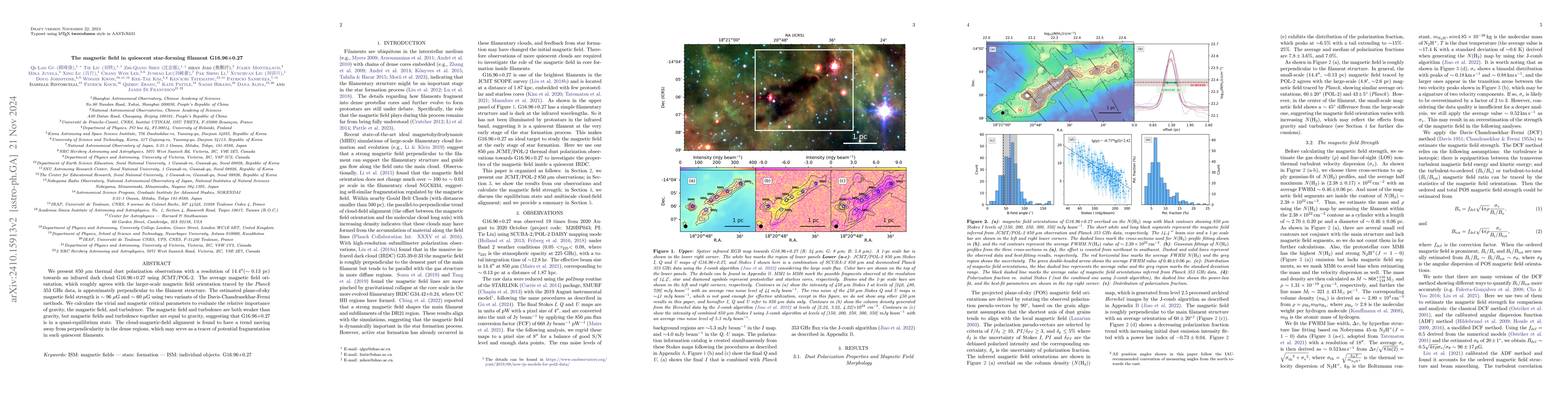 Thumbnail for The magnetic field in quiescent star-forming filament G16.96+0.27
