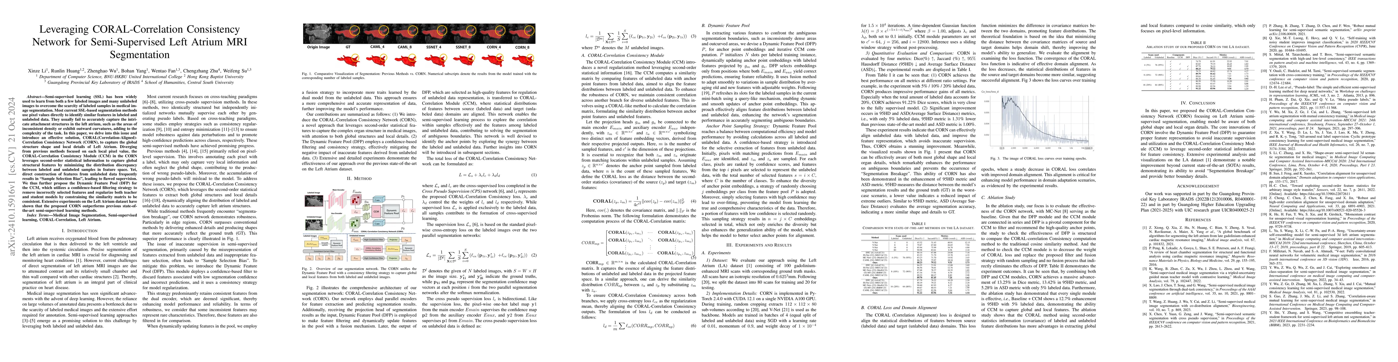 Thumbnail for Leveraging CORAL-Correlation Consistency Network for Semi-Supervised
  Left Atrium MRI Segmentation