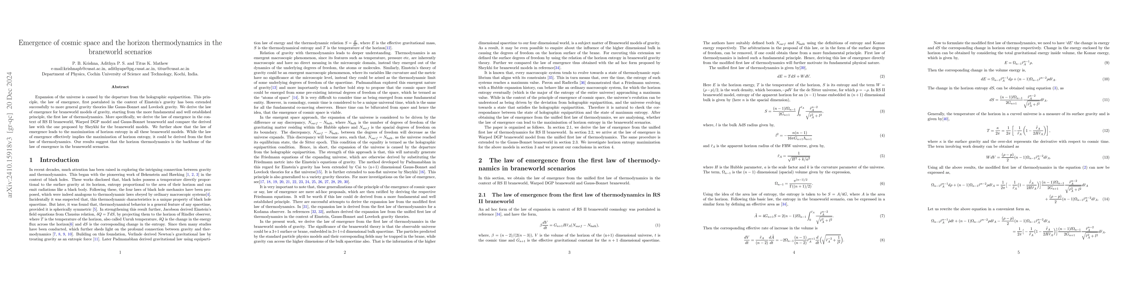 Thumbnail for Emergence of space from the first law of thermodynamics in the
  braneworld scenarios