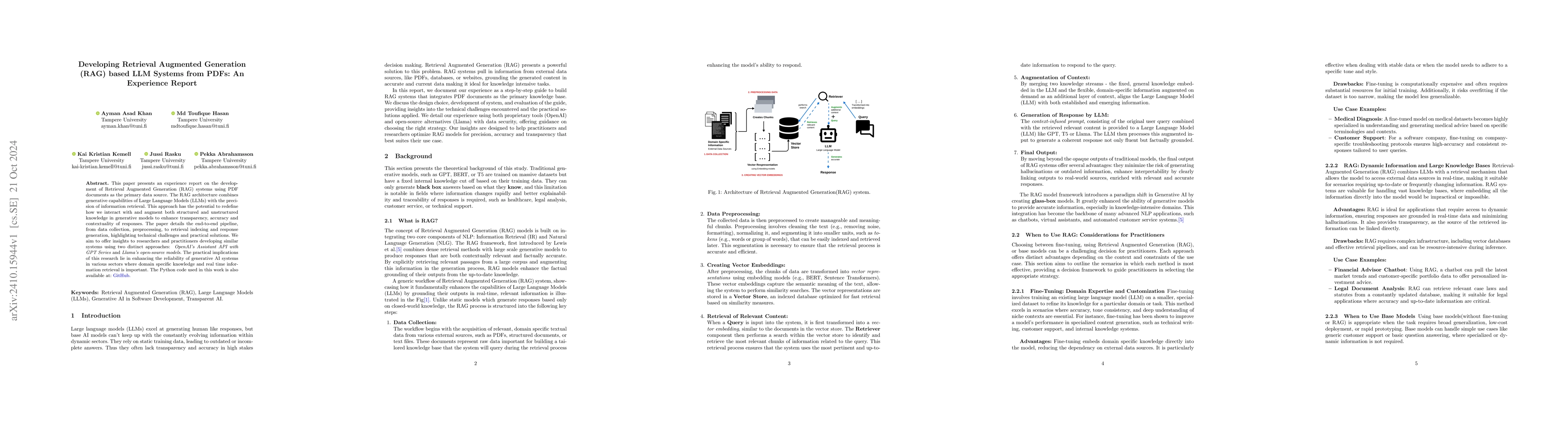 Thumbnail for Developing Retrieval Augmented Generation (RAG) based LLM Systems from
  PDFs: An Experience Report