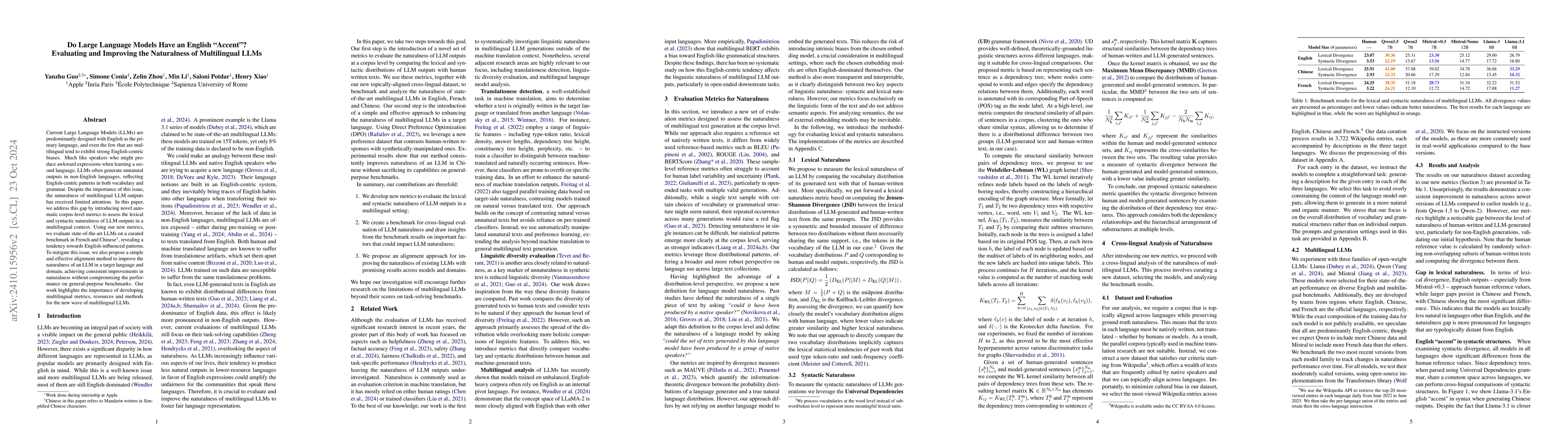 Thumbnail for Do Large Language Models Have an English Accent? Evaluating and
  Improving the Naturalness of Multilingual LLMs