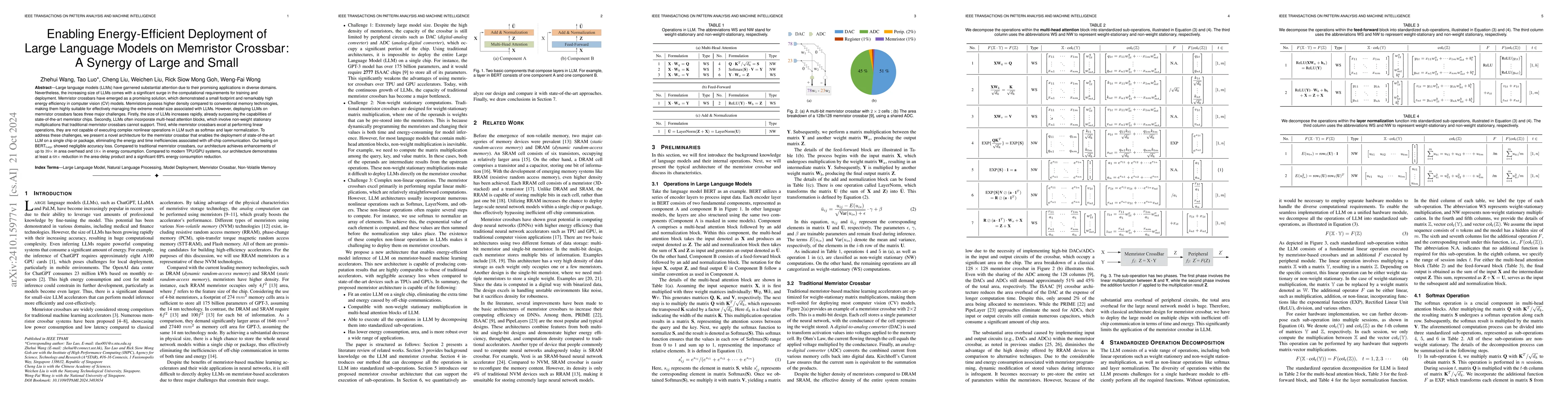 Thumbnail for Enabling Energy-Efficient Deployment of Large Language Models on
  Memristor Crossbar: A Synergy of Large and Small