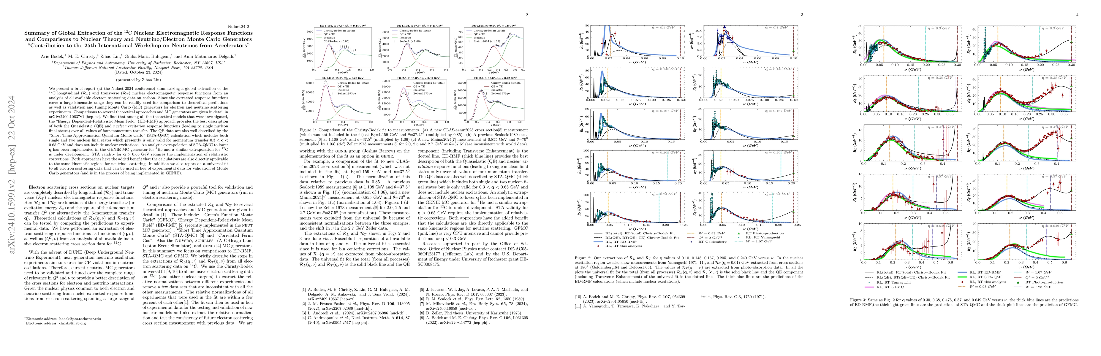 Thumbnail for Summary of Global Extraction of the $\rm^{12}C$ Nuclear Electromagnetic
  Response Functions and Comparisons to Nuclear Theory and Neutrino/Electron
  Monte Carlo Generators at Nufact24